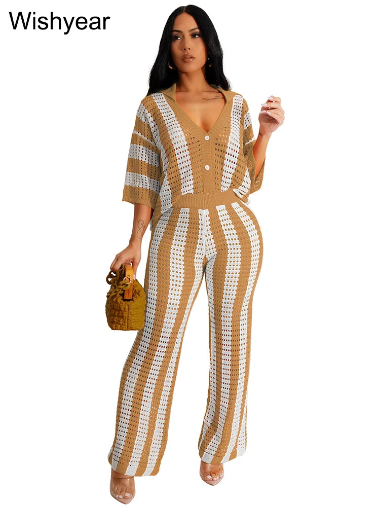 Wishyear Women's Two-Piece Striped Knit V-Neck Hollow Out Button Top & Wide Leg Pants Set