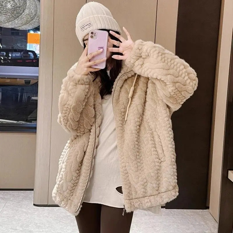 Women's Korean Style Loose Fit Stand Collar Faux Fur Coat