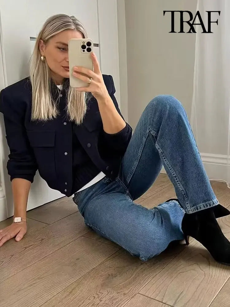 TRAF Long Sleeve Women's Front Button Jacket with Vintage Style and Pockets