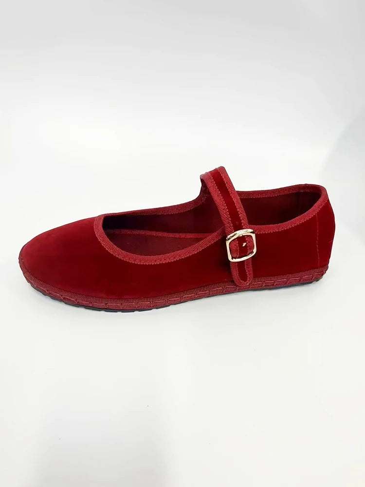 Velvet Mary Jane Flats for Women - Hand-Stitched Casual Shoes