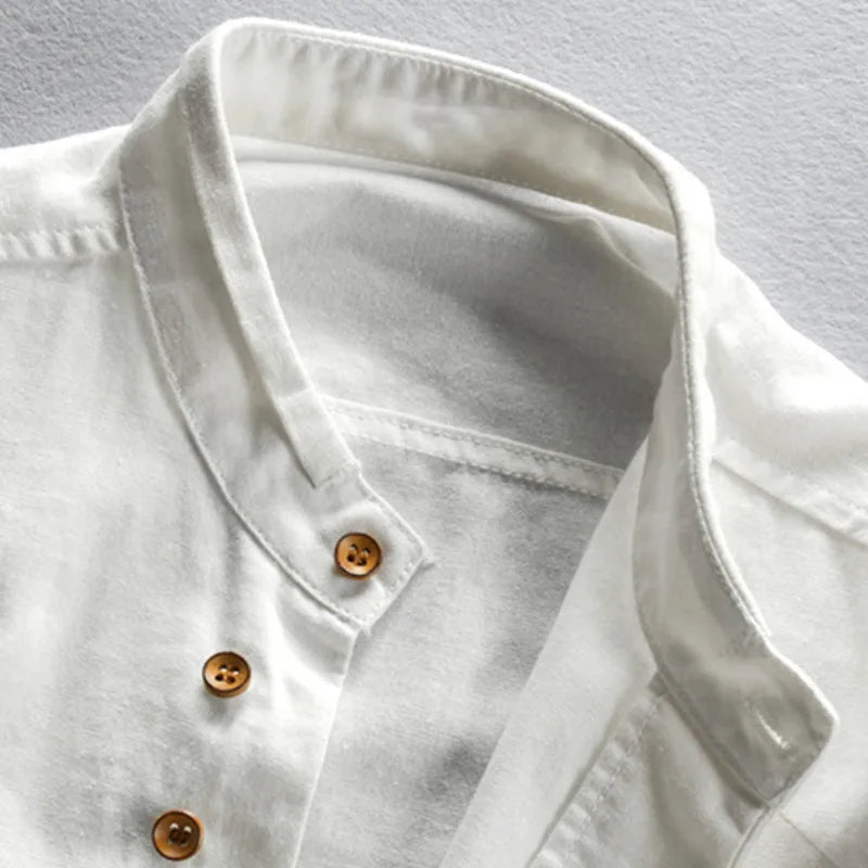 Men's Slim Fit Linen Cotton Shirt with Stand Collar