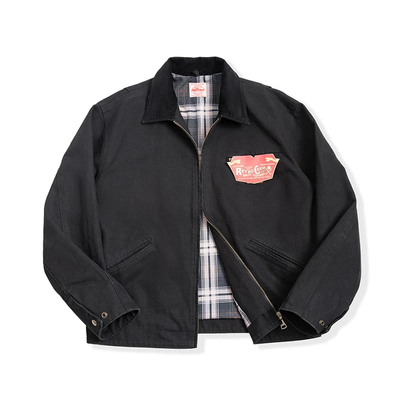 Men's Retro Canvas Jacket with Lapel Collar and Zipper