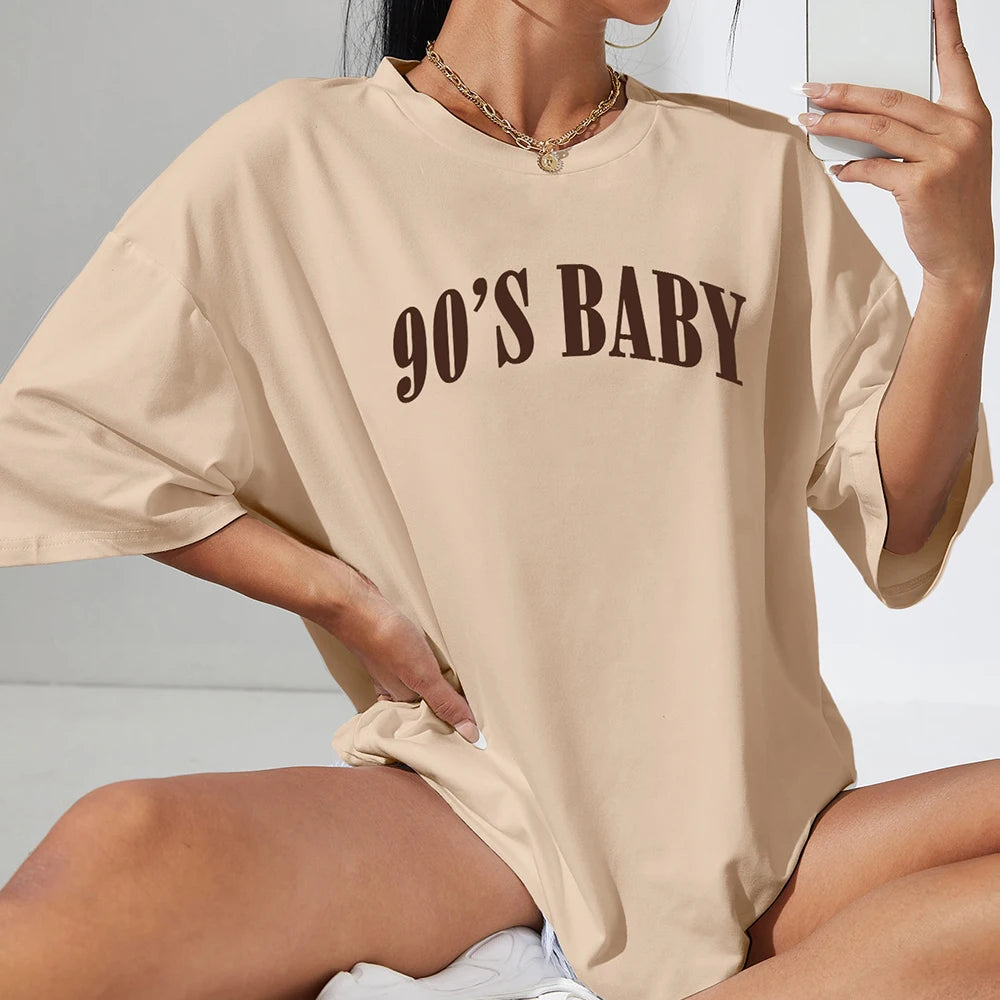 90s Baby Creativity Letter Graphic Tee - Oversized Women's Cotton T-Shirt