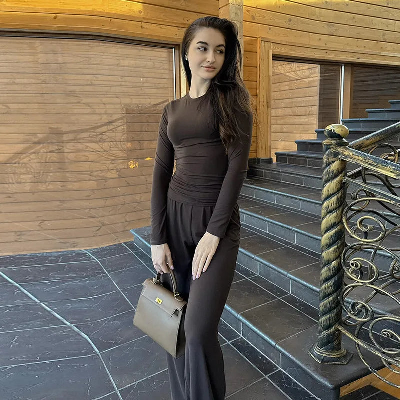Women's Two-Piece Pleated Casual Sweater Set with Round Neck Long Sleeve Top & High-Waisted Wide Leg Pants
