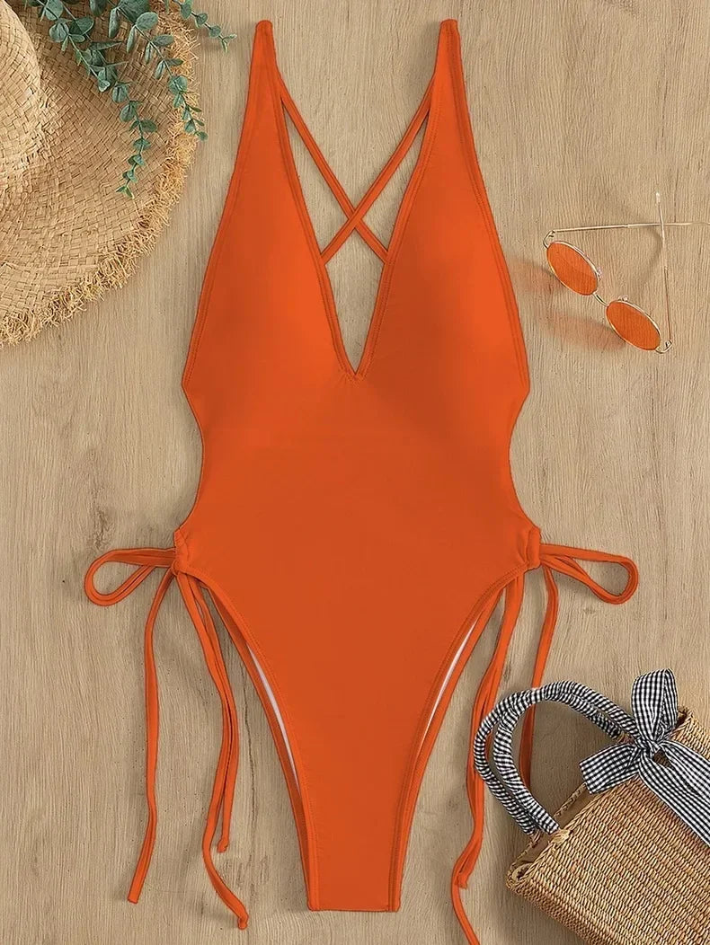 Women's Deep V Neck One-Piece Swimsuit with Hollow Out Design & Pleated Style