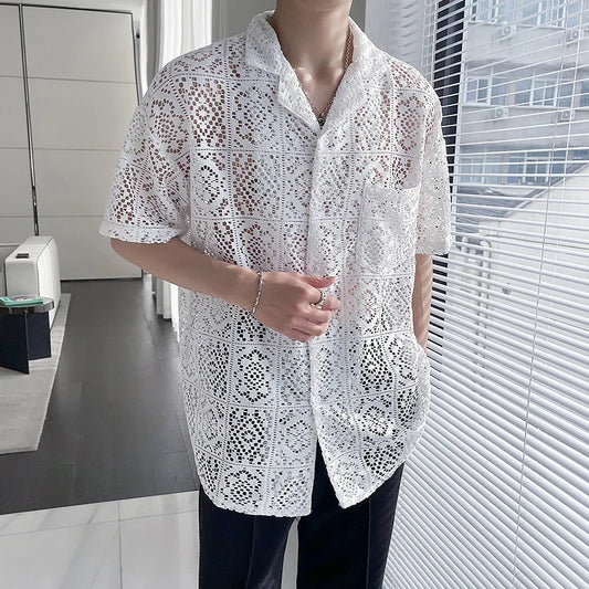 Retro Breathable Hollow Lace Collar Shirt for Men