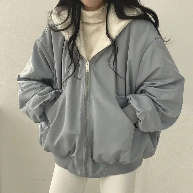 Women's Plus Size Thick Parka Jacket – Casual Oversized Zip-Up Hooded Double-Sided