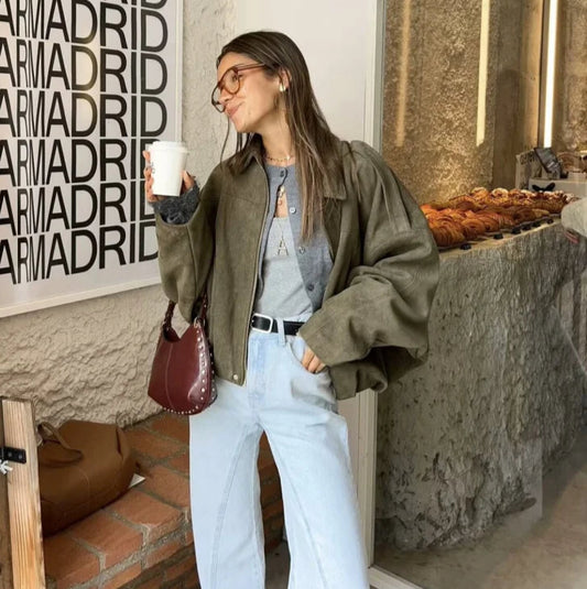 TRAF Womens Faux Suede Bomber Jacket with Loose Lapel