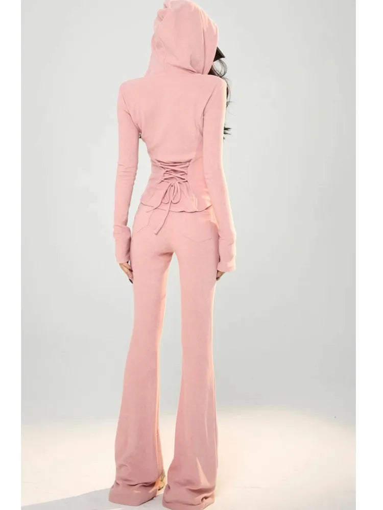 Women's Hooded Zipper Jacket and Drawstring Wide Leg Pants Two-Piece Tracksuit Set