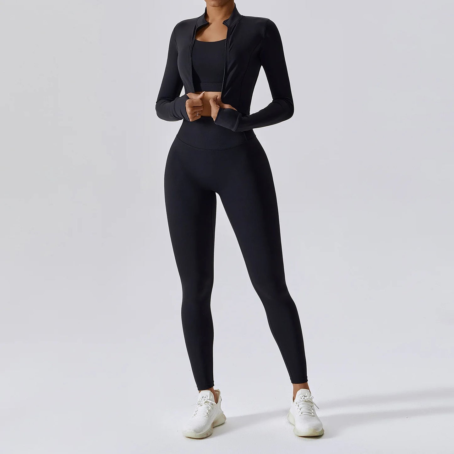 3-Piece Women's Workout Sets | Sportswear Gym Clothing with Zipper Long Sleeve Top & High-Waisted Leggings