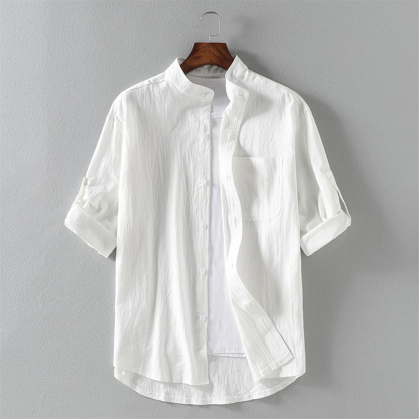 Men's Short-Sleeve Shirt with Stand Collar