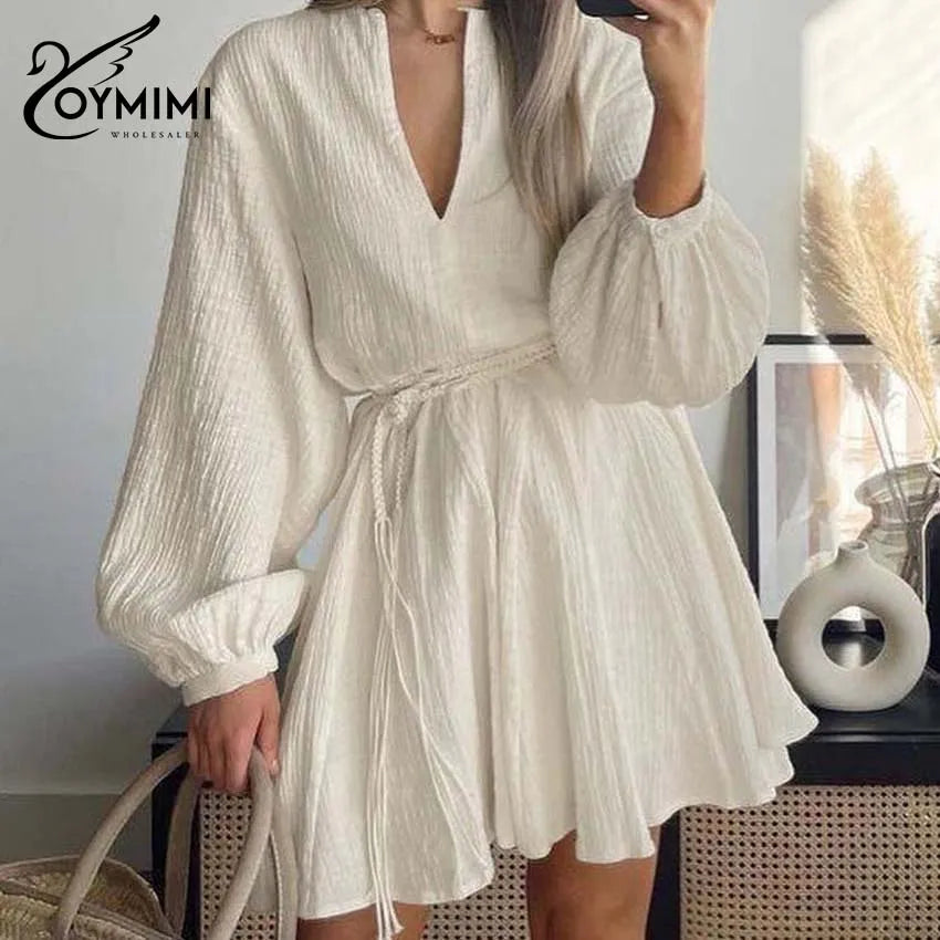 Elegant Women's Cotton V-Neck Lace-Up Loose Pleated Mini Dress by Oymimi