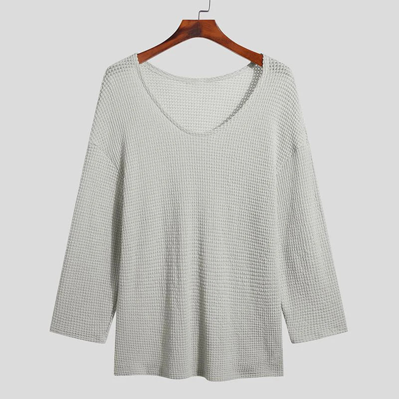 Men's Knit V-Neck Long Sleeve Hollow Out Loose Fit Sweater