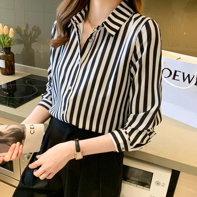Women's Long Sleeve Black and White Striped Shirt