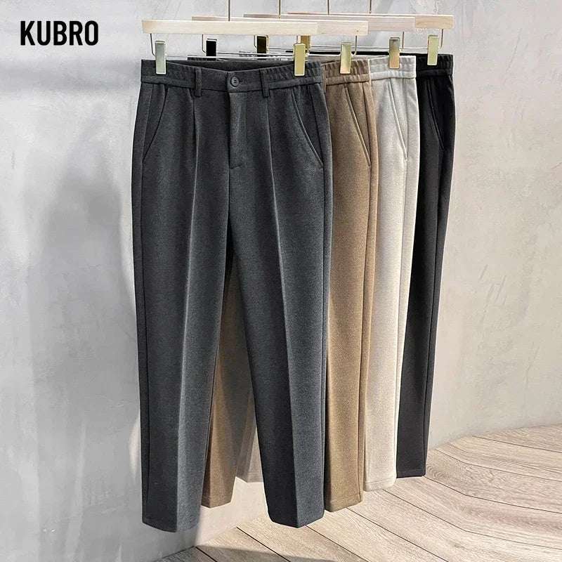 Kubro Men's Thick Elastic-Waist Classic Wool Straight Trousers