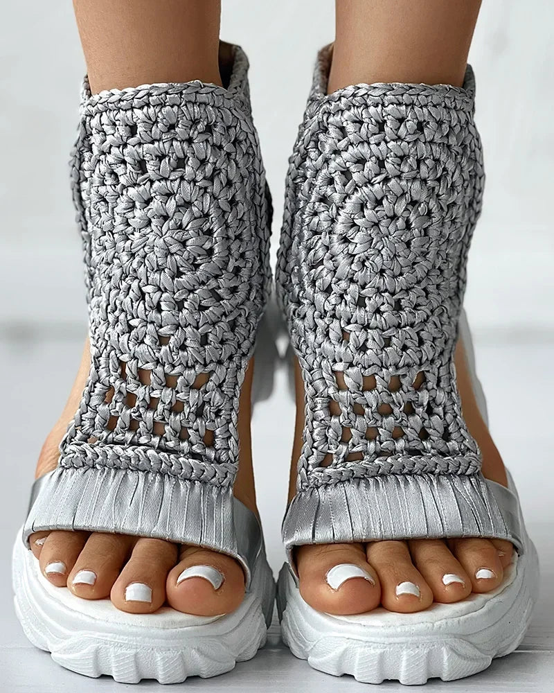 Gold Knitted Women's Sandals - Braided Elastic Mesh Flat Bottom Shoes