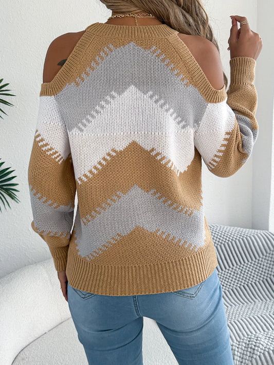 Women's Elegant Contrast Color Striped Long Sleeve Knit Sweater