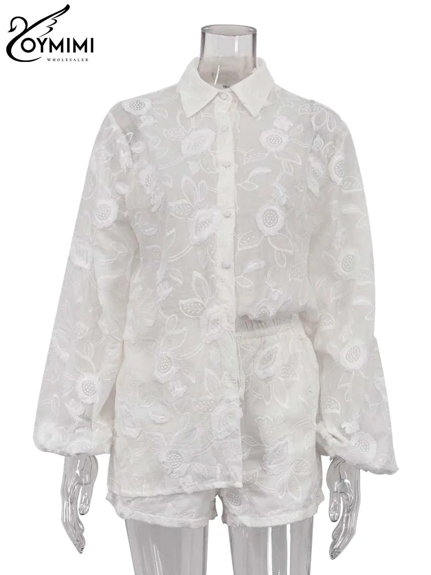 Women's White Cotton 2-Piece Set: Button Sleeve Shirt & High-Waist Shorts