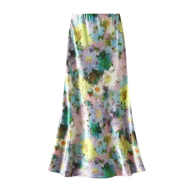 Women's High-Waisted Floral Print Satin-Like Long Skirt
