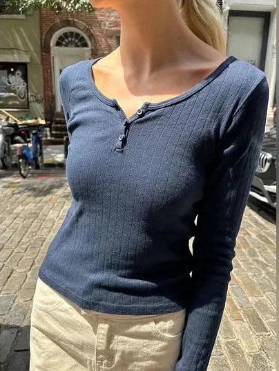 Women's Hollow Out Long Sleeve Round Neck Button-Up Slim Fit Cotton Sweater