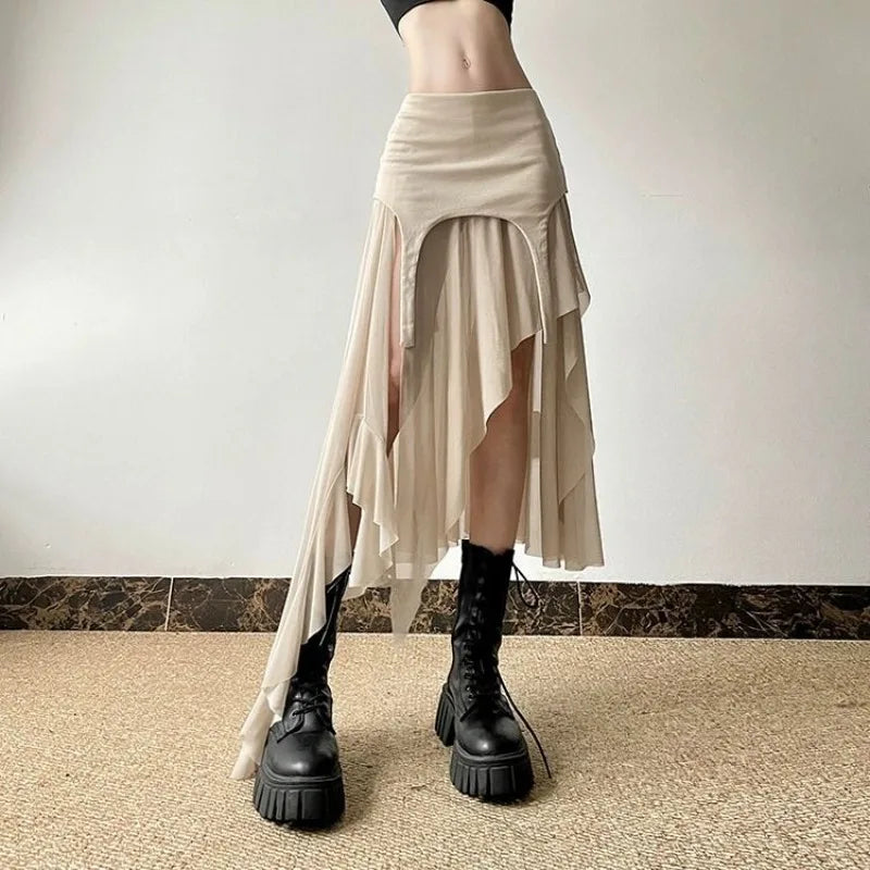 High-Waisted Irregular Mesh Skirt for Women - Ruffled, Slim Fit