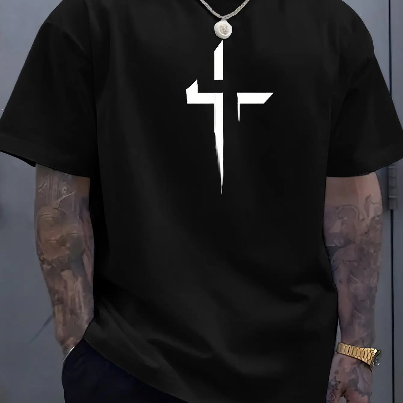 Men's 100% Cotton Casual Loose Fit Cross Print Round Neck T-Shirt