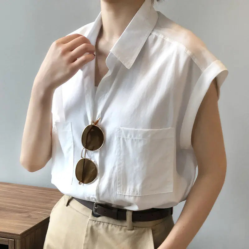 Women's Loose-Fitting Short Sleeve Shirt Blouse with Thin Style Lapel and Pocket