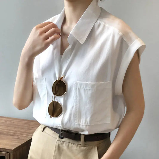 Women's Loose-Fitting Short Sleeve Shirt Blouse with Thin Style Lapel and Pocket