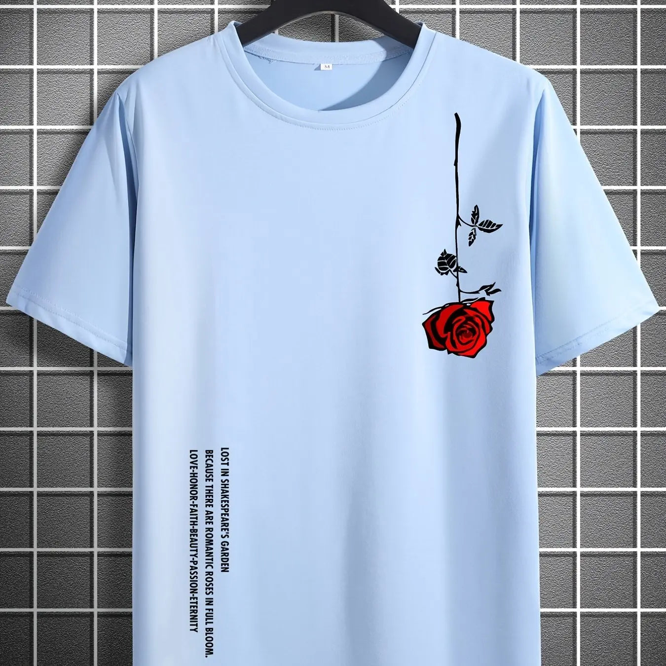 Men's Slim Fit Casual T-Shirt – 100% Cotton Rose Print Short Sleeve Round Neck Tee
