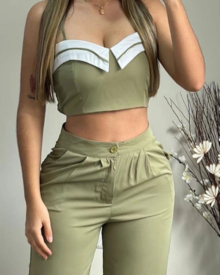 Women's Two-Piece Crop Cami Top and Ruched Pocket Pants Set