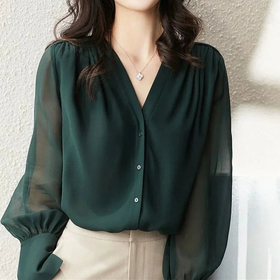 Chic Long Sleeve Ruffled Chiffon Blouse for Women