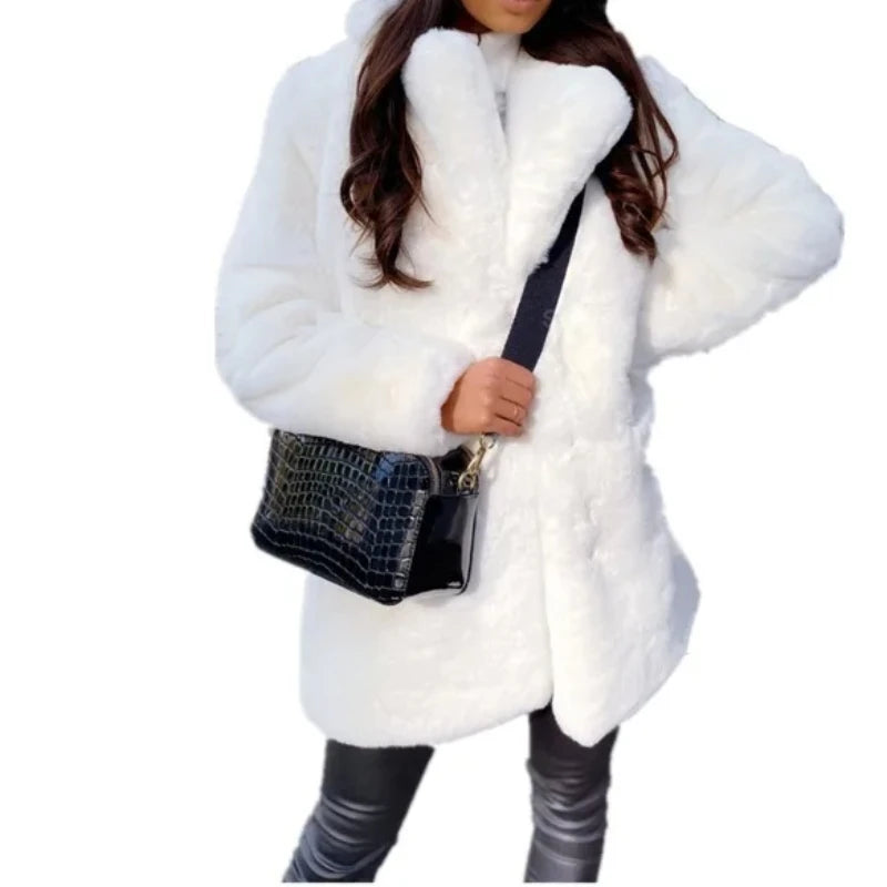 Women's Thick Warm Faux Fur Long Coat Jacket with Woven Block Design