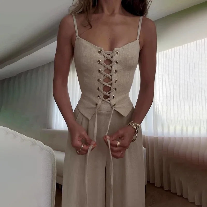 Women's Two-Piece Slim Fit Chic Sleeveless Bandage Tank Top & Wide-Leg Pants Se