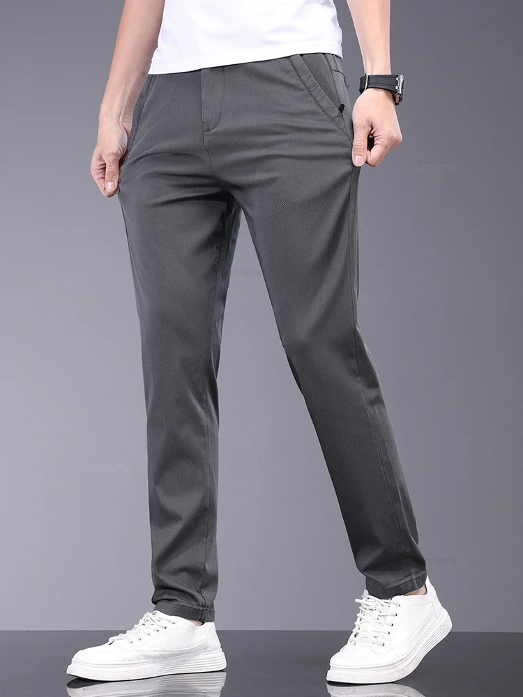 Men's Slim Straight Trousers - Soft, Thin, Bamboo Fiber Fabric with Elastic Stretch