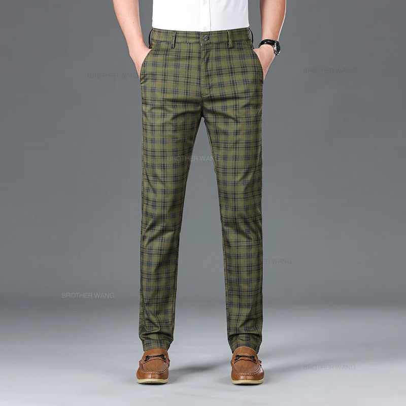 Slim Fit Cotton Plaid Stretch Trousers for Men