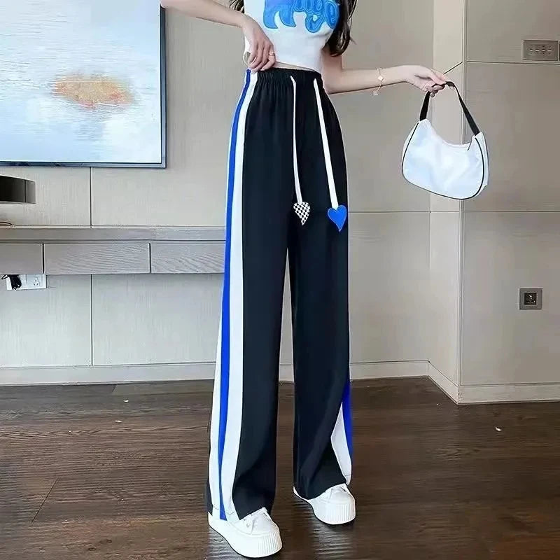 Women’s High Waist Elastic Sweatpants with Drawstring & Striped Design