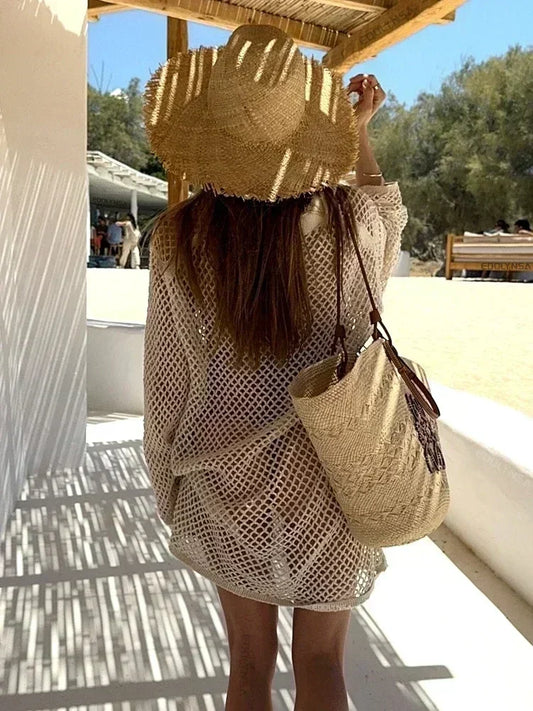 Women's Knit Mini Dress with Hollow Out Design – Long Sleeve Cover-Up