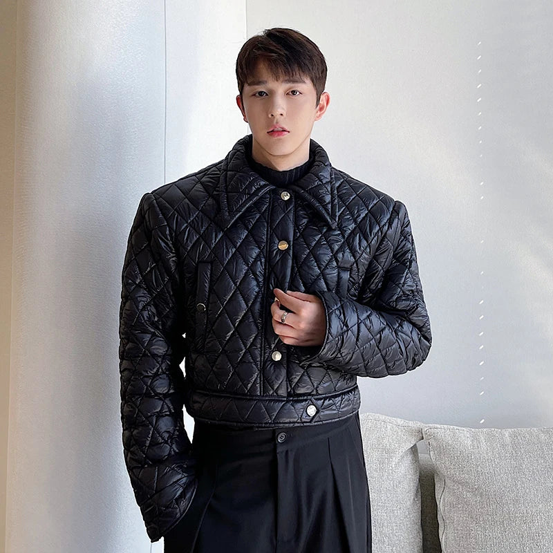 Men's Short Cotton-Padded Jacket with Rhombus Grid Pattern and Thickened Insulation