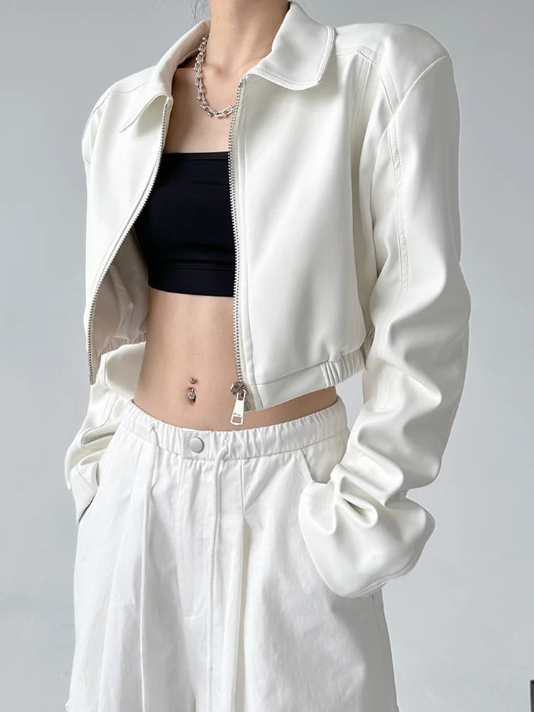 Women's PU Leather Lapel Jacket with Long Sleeves, Crop Style, Zipper Closure