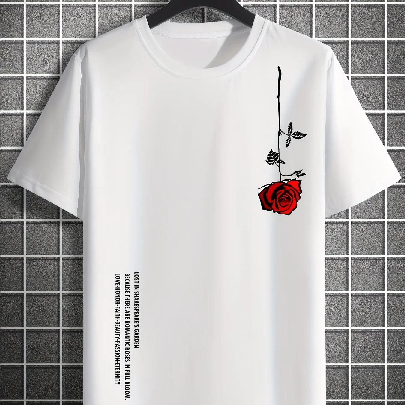 Men's Slim Fit Casual T-Shirt – 100% Cotton Rose Print Short Sleeve Round Neck Tee