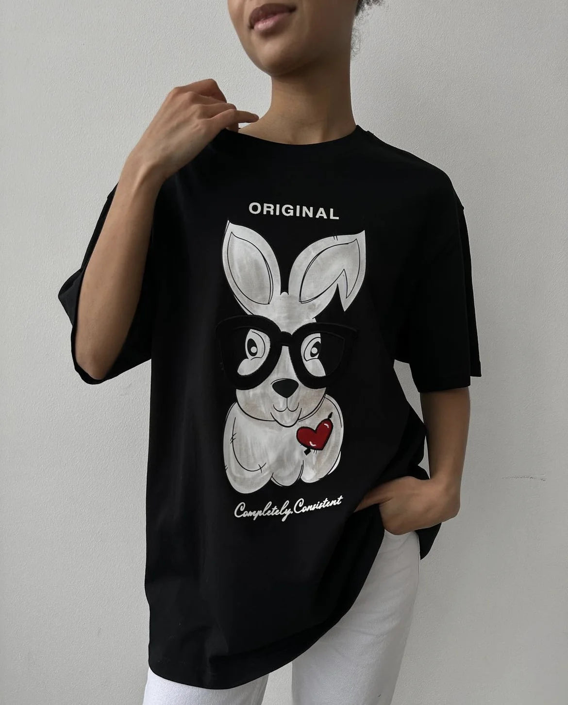 Elegant Rabbit Cartoon Printed Oversized Cotton T-Shirt for Women – Casual Style by Hirsionsan