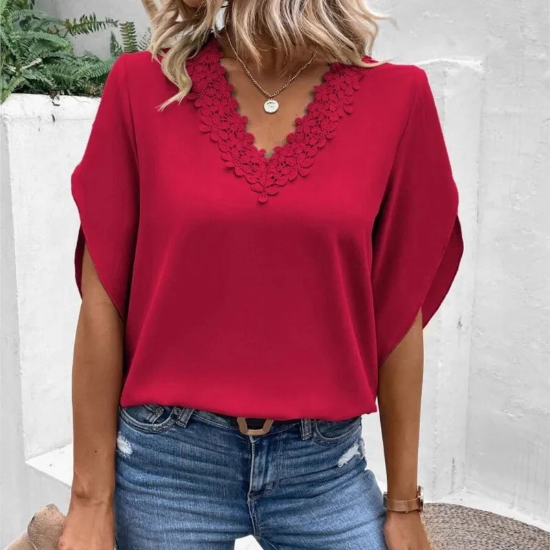 Women's Loose-Fitting Lace Blouse with Flare Sleeves