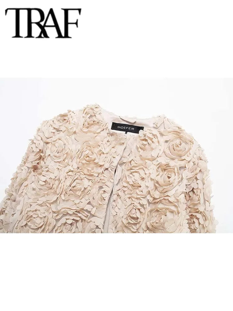 TRAF Women's Short Casual Textured Floral Jacket