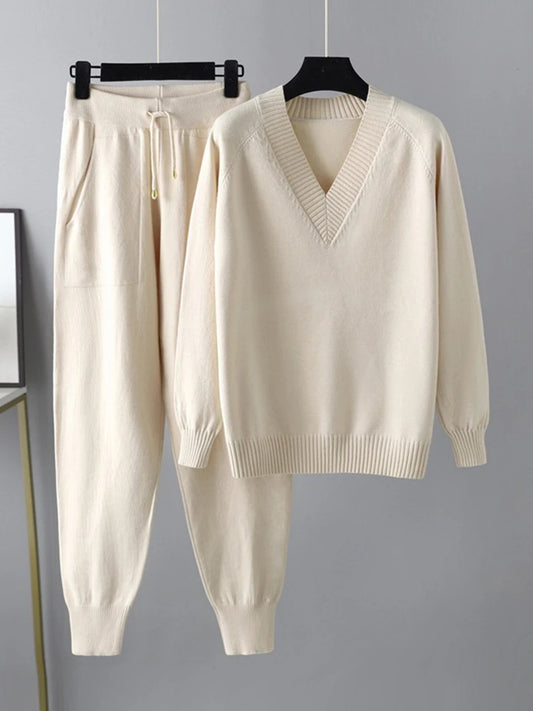 GVUW Women's Knitted 2-Piece Set – V-Neck Full Sleeve Sweater & Pencil Pants