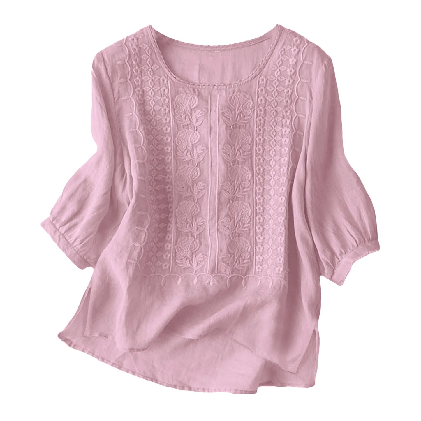 Women's Cotton Linen T Shirts Lace Crochet Embroidery Blouses Round Neck 3/4 Sleeve Casual Tops Thin Breathable Shirts Clothes