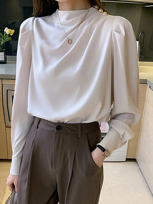 Elegant Women's Satin-Feel Lantern Sleeve Blouse