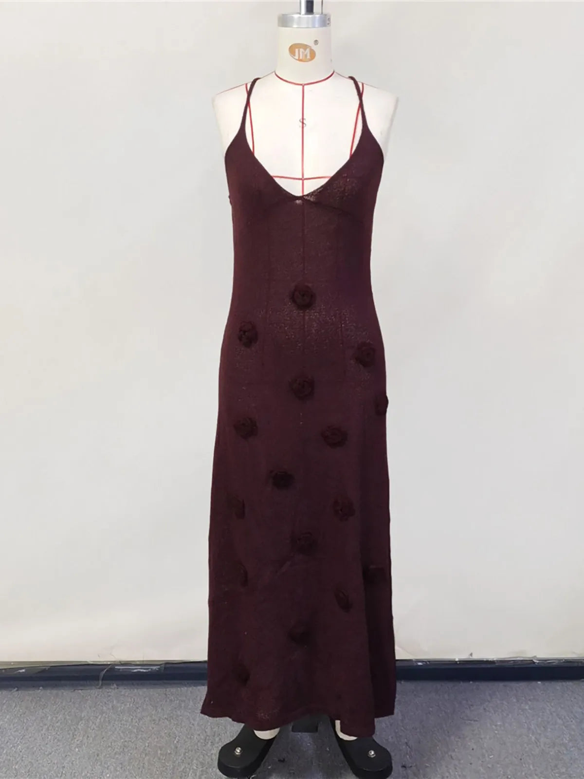 Women's Elegant 3D Flower Knitted Maxi Dress with Lace-Up Design