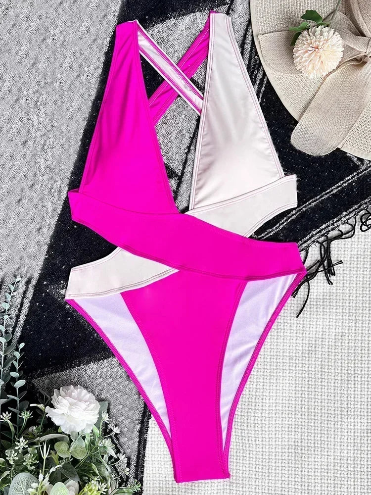 Women's Deep V Neck Cross Backless One-Piece Swimsuit - High Cut, Stylish & Flattering Swimwear
