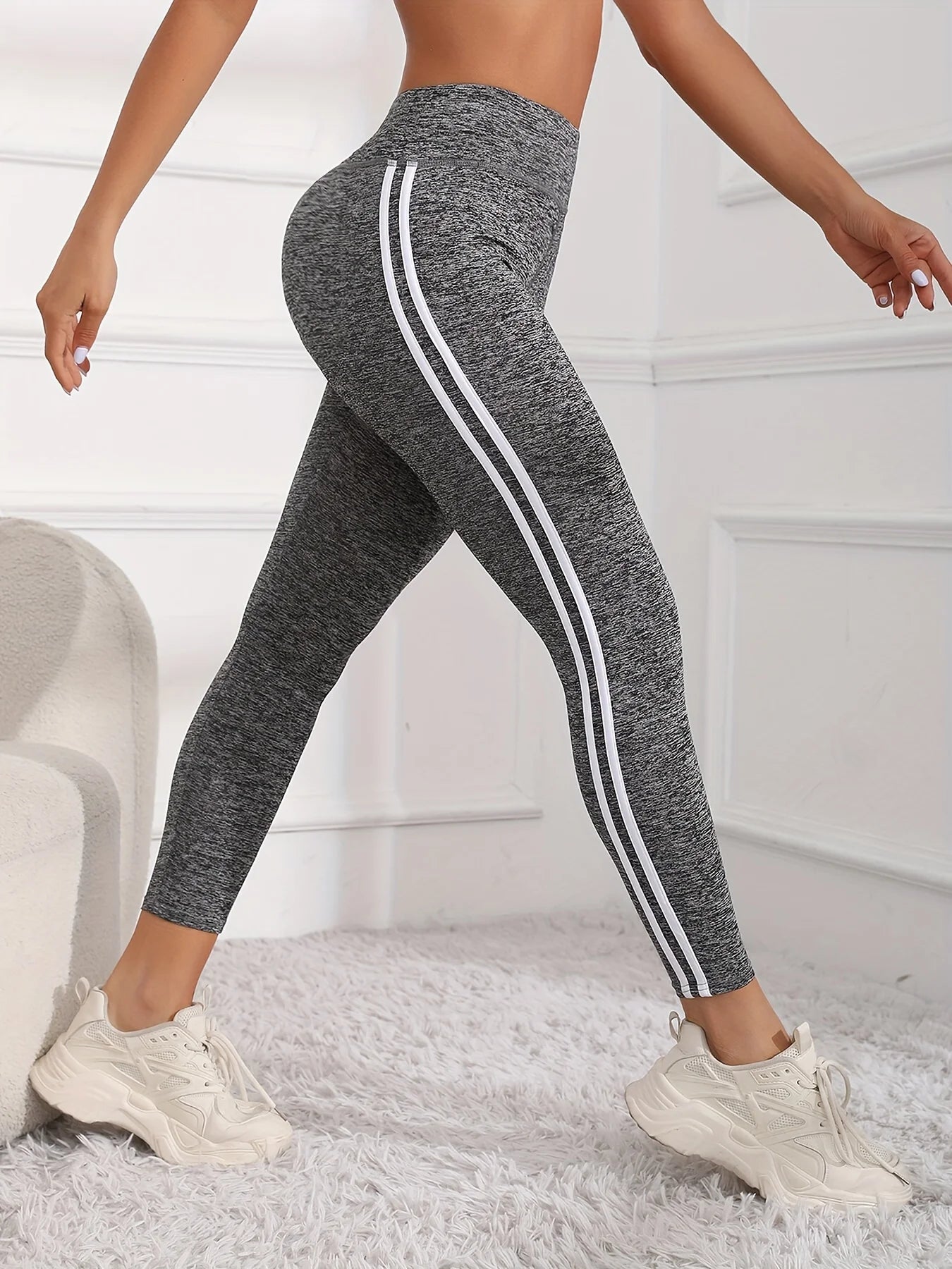Women's Super Soft High Waist Leggings with White Stripes – Stretchy Workout Yoga Pants