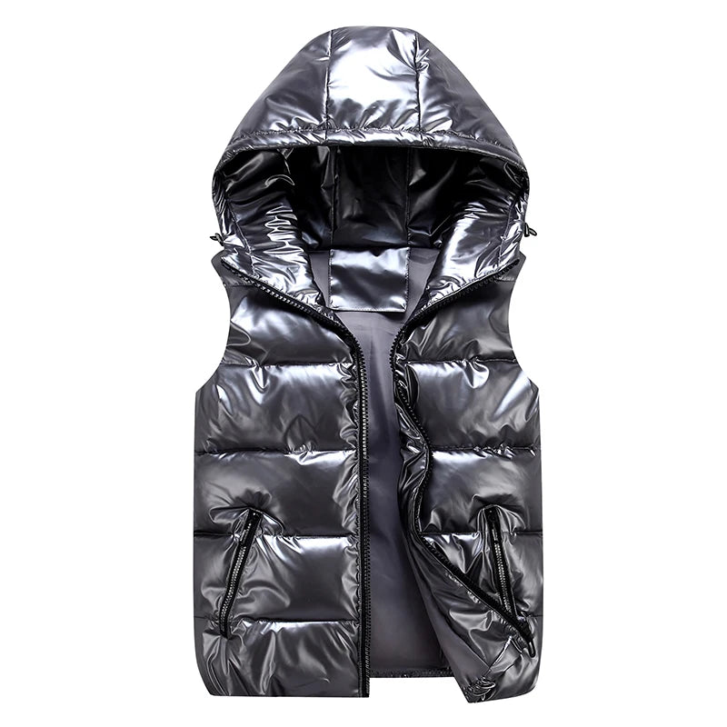 Men's Glossy Hooded Vest Jacket with Zipper Pockets - Classic Fit